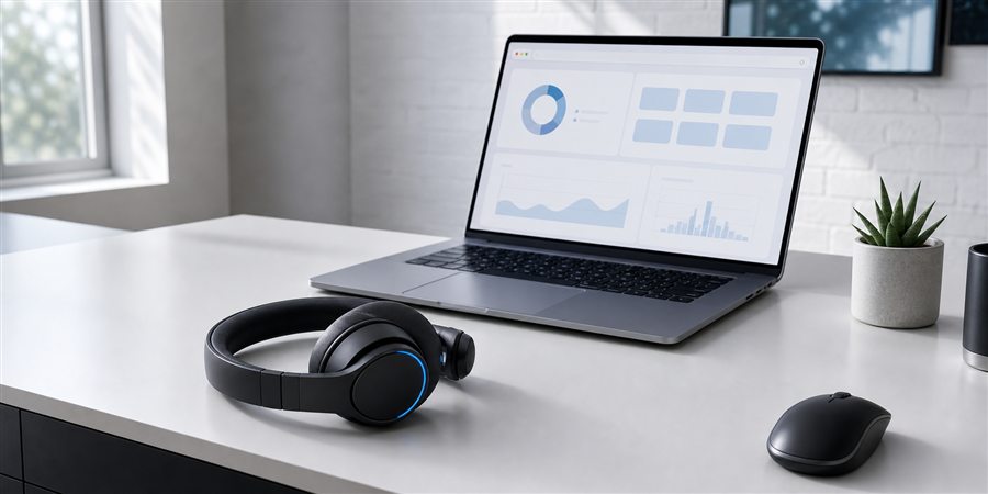 Modern laptop and headphones workspace for browser diagnostics