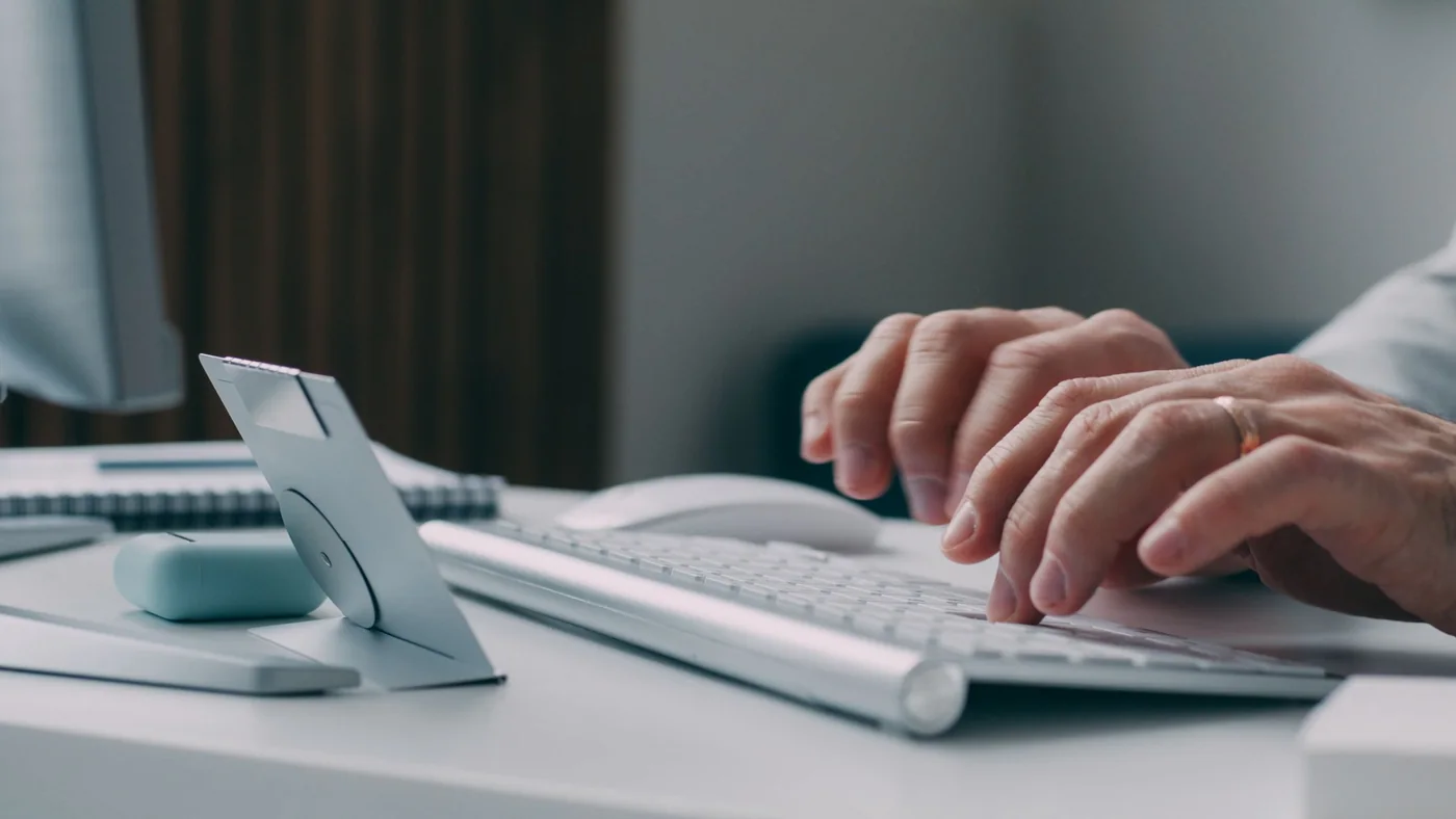 Hands making repeated presses on a desktop keyboard during a key repeat rate test