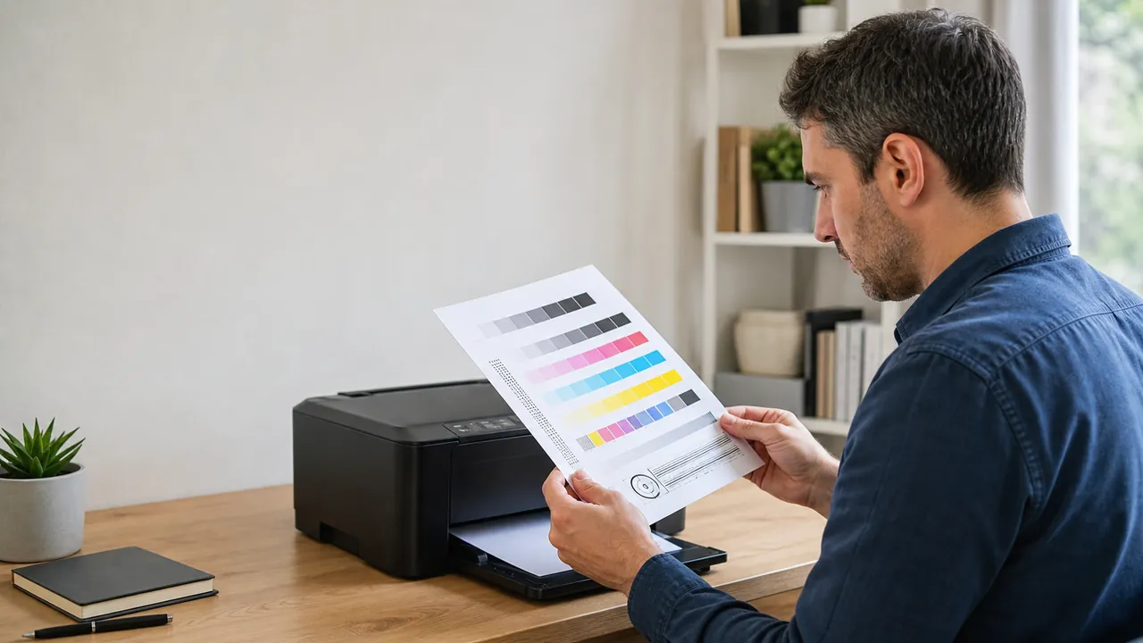 Office user inspecting a freshly printed color printer diagnostic page