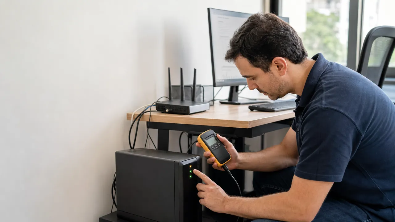 IT technician checking a desktop UPS and power meter to estimate backup runtime